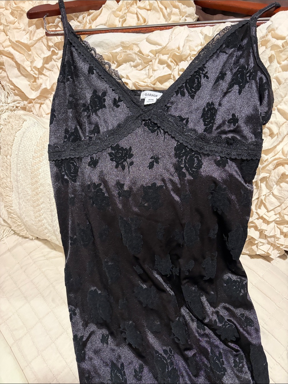 Garage Black Satin Floral Slip with Lace Trim